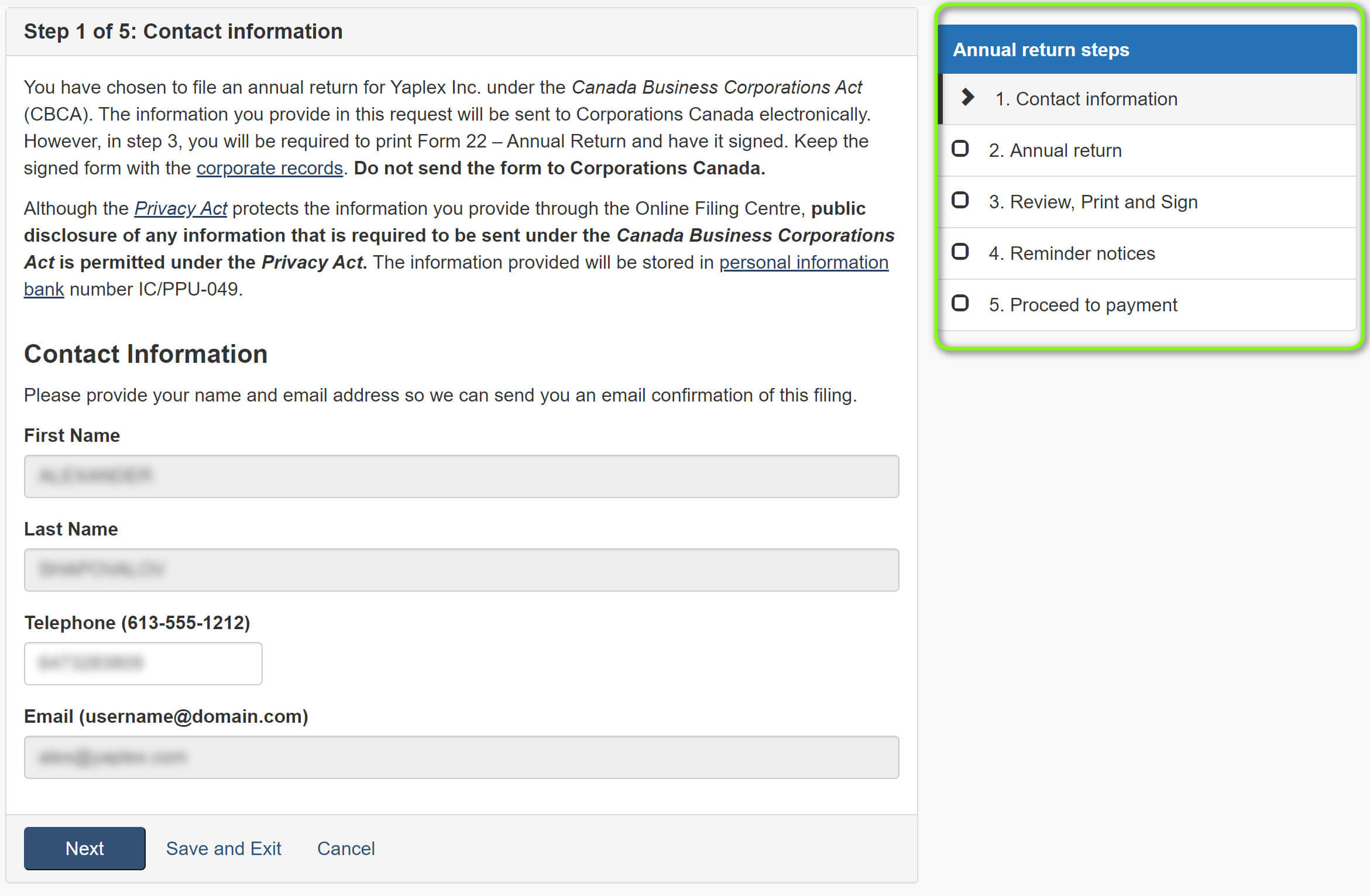 First step filing annual return, provide contact information