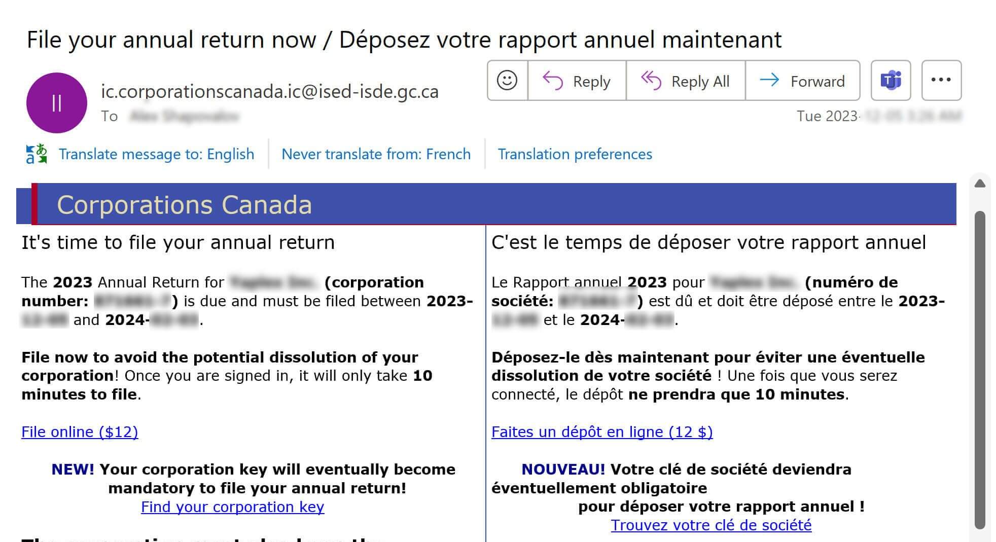 A reminder from corporations Canada to file annual return